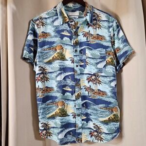 Lucky Brand Mens Small Untucked Fit Tropical Surfer Scenic Viscose Shirt Blue